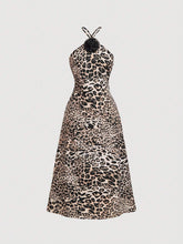 1pc 3D Floral Print Backless Leopard Pattern Dress
